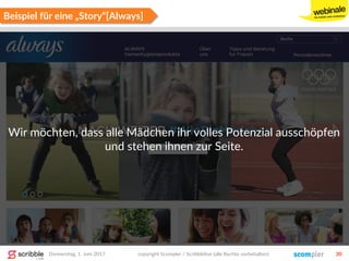 Beispiel für eine „Story“[Always]
Donnerstag, 1. Juni 2017 copyright Scompler / Scribblelive (alle Rechte vorbehalten) 30
Wir möchten, dass alle Mädchen ihr volles Potenzial ausschöpfen
und stehen ihnen zur Seite.
 