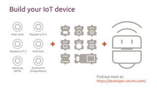 Build your IoT device
Raspberry Pi 2
Samsung
ARTIK
Qualcomm
DragonBoard
Intel NUC
Intel Joule Raspberry Pi 3
Find out more at:
https://developer.ubuntu.com/
 