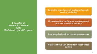4 Benefits of
Service Excellence
with
WeSchool Hybrid Program
2
Learn the importance of customer focus in
service marketing
Understand the performance management
process in service industry
Learn product and service design process
Master various soft skills from experienced
trainers
 
