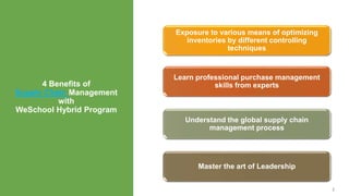 4 Benefits of
Supply Chain Management
with
WeSchool Hybrid Program
2
Exposure to various means of optimizing
inventories by different controlling
techniques
Learn professional purchase management
skills from experts
Understand the global supply chain
management process
Master the art of Leadership