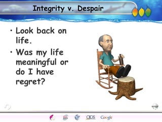 AgingAdulthood
Immunize
Adolescence
Infancy
Erikson
Pregnancy
AinsworthTemperLanguageVygotskyPiaget
ConjoinedTwinsDNAHeredityMethods
Integrity v. Despair
• Look back on
life.
• Was my life
meaningful or
do I have
regret?
 