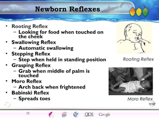 AgingAdulthood
Immunize
Adolescence
Infancy
Erikson
Pregnancy
AinsworthTemperLanguageVygotskyPiaget
ConjoinedTwinsDNAHeredityMethods
Newborn Reflexes
• Rooting Reflex
– Looking for food when touched on
the cheek
• Swallowing Reflex
– Automatic swallowing
• Stepping Reflex
– Step when held in standing position
• Grasping Reflex
– Grab when middle of palm is
touched
• Moro Reflex
– Arch back when frightened
• Babinski Reflex
– Spreads toes
12
Moro Reflex
Rooting Reflex
 