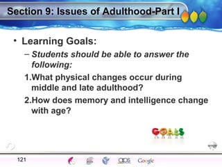 AgingAdulthood
Immunize
Adolescence
Infancy
Erikson
Pregnancy
AinsworthTemperLanguageVygotskyPiaget
ConjoinedTwinsDNAHeredityMethods
Section 9: Issues of Adulthood-Part I
• Learning Goals:
– Students should be able to answer the
following:
1.What physical changes occur during
middle and late adulthood?
2.How does memory and intelligence change
with age?
121
 