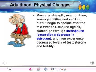 AgingAdulthood
Immunize
Adolescence
Infancy
Erikson
Pregnancy
AinsworthTemperLanguageVygotskyPiaget
ConjoinedTwinsDNAHeredityMethods
Adulthood: Physical Changes
• Muscular strength, reaction time,
sensory abilities and cardiac
output begin to decline after the
mid-twenties. Around age 50,
women go through menopause
(caused by a decrease in
estrogen), and men experience
decreased levels of testosterone
and fertility.
122
 