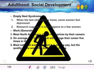 AgingAdulthood
Immunize
Adolescence
Infancy
Erikson
Pregnancy
AinsworthTemperLanguageVygotskyPiaget
ConjoinedTwinsDNAHeredityMethods
Adulthood: Social Development
– Empty Nest Syndrome
1. When the last child leaves home, some women feel
depressed
2. Research suggests it only happens to a few women
– Work (Generativity)
1. Most North Americans define themselves by their careers
2. On average, the typical adult will change their career five
times in life
3. Most satisfied workers report it is not the pay, but the
quality of the work that makes them happy.
139
 