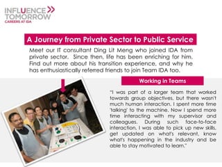 A Journey from Private Sector to Public Service
Meet our IT consultant Ding Lit Meng who joined IDA from
private sector. Since then, life has been enriching for him.
Find out more about his transition experience, and why he
has enthusiastically referred friends to join Team IDA too.
“I was part of a larger team that worked
towards group objectives, but there wasn't
much human interaction. I spent more time
'talking' to the machine. Now I spend more
time interacting with my supervisor and
colleagues. During such face-to-face
interaction, I was able to pick up new skills,
get updated on what's relevant, know
what's happening in the industry and be
able to stay motivated to learn."
Working in Teams
 