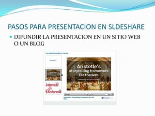PASOS PARA PRESENTACION EN SLDESHARE
DIFUNDIR LA PRESENTACION EN UN SITIO WEB
O UN BLOG
