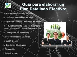 Guía para elaborar unPlan Detallado Efectivo:a. Presentación Ejecutiva del Plan b. Definición de Objetivos del Plan c. Definición de líneas Principales de Acción d. Establecimiento de dependencias Jerárquicas y Responsabilidades Generales e. Cronograma de Actividades f. Responsabilidades y Apoyos g. Supervisiones h. Decisiones Estratégicas i. Divulgación j. Actualizaciones