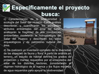 Específicamente el proyecto busca:c) Caracterización de la biodiversidad y ecología del Salar del Huasco. Estos análisis describirán y cuantificarán los principales atributos ambientales del área del Salar, analizarán la fragilidad de sus condiciones ambientales modelarán la hidrogeología del Salar del Huasco y describirán los sitios arqueológicos y de patrimonio cultural del área.d) Se realizará un inventario completo de la diversidad de las especies de fauna y flora. A partir de análisis en terreno, un estudio de hábitat definirá los grados de protección y manejo requeridos por el ecosistema del salar de los distintos sectores, considerando el régimen hidrológico de la cuenca y los flujos mínimos de agua requeridos para apoyar la biodiversidad. 