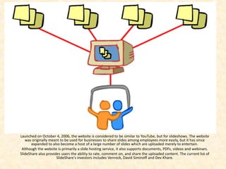 Launched on October 4, 2006, the website is considered to be similar to YouTube, but for slideshows. The website
   was originally meant to be used for businesses to share slides among employees more easily, but it has since
       expanded to also become a host of a large number of slides which are uploaded merely to entertain.
 Although the website is primarily a slide hosting service, it also supports documents, PDFs, videos and webinars.
SlideShare also provides users the ability to rate, comment on, and share the uploaded content. The current list of
                      SlideShare's investors includes Venrock, David Siminoff and Dev Khare.
 
