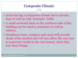 Composite Climate
www.ArchitectureDesignCareers.com
8
 Areas having a composite climate have extreme
heat as well as cold. Example- Delhi.
 A small enclosed deck on the northern side of the
building can be used in summers as well as
winters.
 Deciduous trees, creepers and vines will provide
shade when needed and will also allow the sun rays
to penetrate inside in the cool season when they
lose their foliage.
 
