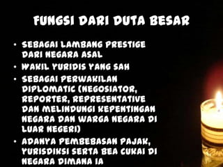 Fungsi dari duta besar
• Sebagai lambang prestige
dari negara asal
• Wakil yuridis yang sah
• Sebagai perwakilan
diplomatic (negosiator,
reporter, representative
dan melindungi kepentingan
negara dan warga negara di
luar negeri)
• Adanya pembebasan pajak,
yurisdiksi serta bea cukai di
negara dimana ia

 