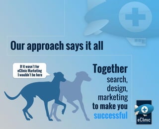 Our approach says it all
If it wasn’t for
eClinic Marketing
I wouldn’t be here

Together

search,
design,
marketing
to make you

successful

 