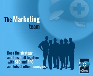 The Marketing
team

Does the strategy
and ties it all together
with SEO and PPC
and lots of other acronyms.

 