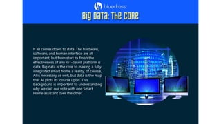 It all comes down to data. The hardware,
software, and human interface are all
important, but from start to finish the
effectiveness of any IoT-based platform is
data. Big data is the core to making a fully
integrated smart home a reality, of course,
AI is necessary as well, but data is the map
that AI plots its' course upon. This
background is important to understanding
why we cast our vote with one Smart
Home assistant over the other.
 