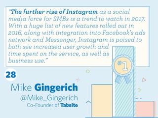 Mike Gingerich
@Mike_Gingerich
Co-Founder of Tabsite
“The further rise of Instagram as a social
media force for SMBs is a ...