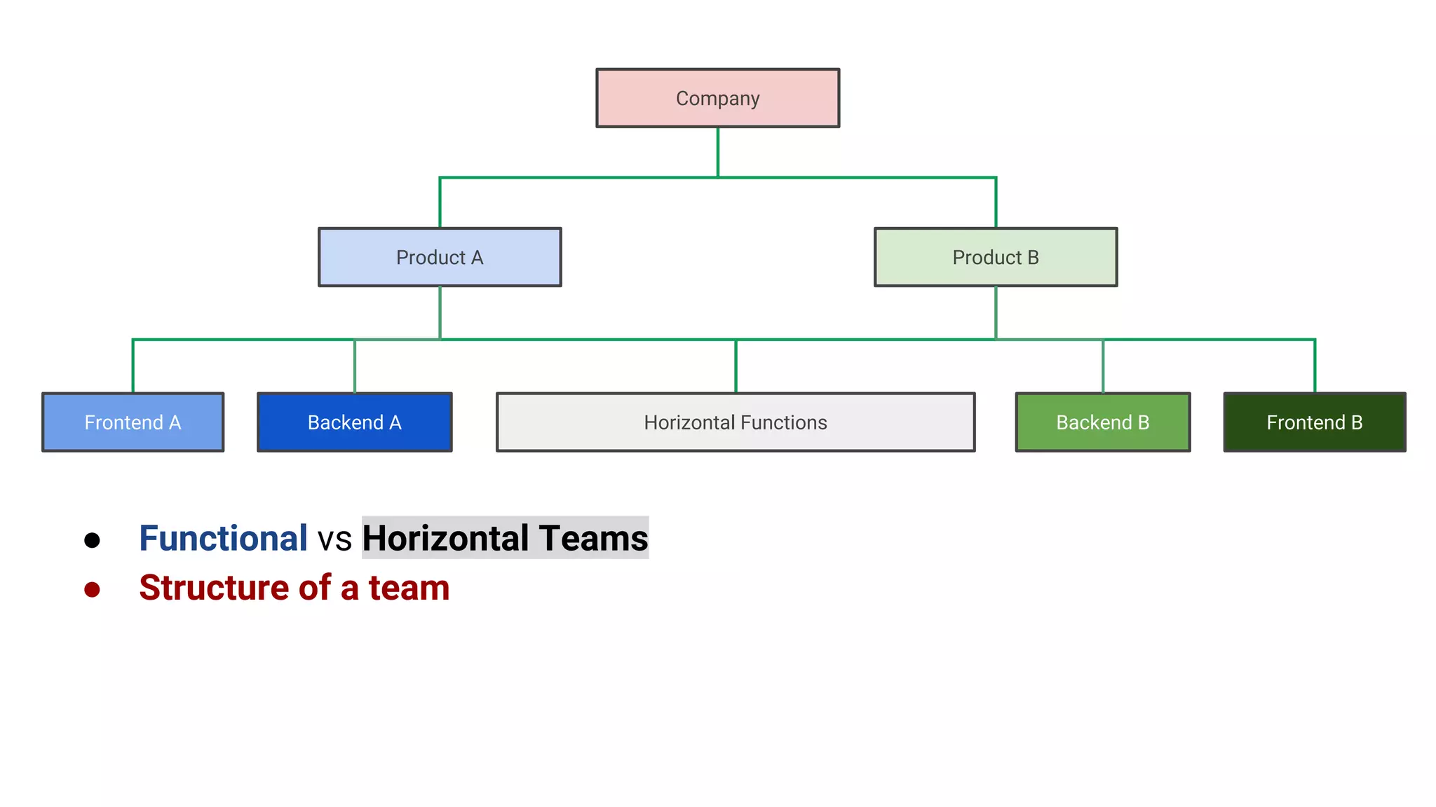 Company
Product A Product B
Frontend BHorizontal FunctionsFrontend A Backend A Backend B
● Functional vs Horizontal Teams
● Structure of a team
 