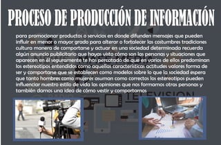 PROCESO DE PRODUCCIÓN DE INFORMACIÓN
para promocionar productos o servicios en donde difunden mensajes que pueden
inuir en menor o mayor grado para alterar o fortalecer las costumbres tradiciones
cultura manera de comportarse y actuar en una sociedad determinada recuerda
algún anuncio publicitario que hayas visto cómo son las personas y situaciones que
aparecen en él seguramente te has percatado de que en varios de ellos predominan
los estereotipos entendidos como aquellas características actitudes valores forma de
ser y comportarse que se establecen como modelos sobre lo que la sociedad espera
que tanto hombres como mujeres asuman como correctos los estereotipos pueden
inuenciar nuestro estilo de vida las opiniones que nos formamos otras personas y
también darnos una idea de cómo vestir y comportarnos
 