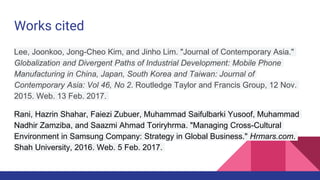 Works cited
Lee, Joonkoo, Jong-Cheo Kim, and Jinho Lim. "Journal of Contemporary Asia."
Globalization and Divergent Paths of Industrial Development: Mobile Phone
Manufacturing in China, Japan, South Korea and Taiwan: Journal of
Contemporary Asia: Vol 46, No 2. Routledge Taylor and Francis Group, 12 Nov.
2015. Web. 13 Feb. 2017.
Rani, Hazrin Shahar, Faiezi Zubuer, Muhammad Saifulbarki Yusoof, Muhammad
Nadhir Zamziba, and Saazmi Ahmad Toriryhrma. "Managing Cross-Cultural
Environment in Samsung Company: Strategy in Global Business." Hrmars.com.
Shah University, 2016. Web. 5 Feb. 2017.
 