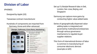 Division of Labor
IPHONES:
Designed by Apple (US)
Taiwanese contract manufacturer
Hundreds of components are imported from
Germany, Korea and other advanced
economies
Set up 5 Lifestyle Research labs in Deli,
London, San Jose, Beijing, and
Singapore
Samsung can capture more gains by
conducting higher value-added tasks
Series of geographically dispersed value-
adding tasks is integrated and
governed by multinational enterprises
through various governance
mechanisms to regulate buyer-
supplier relations
This form of international division of labor
is common in manufacturing of
consumer electronic devices
(example on left)
 