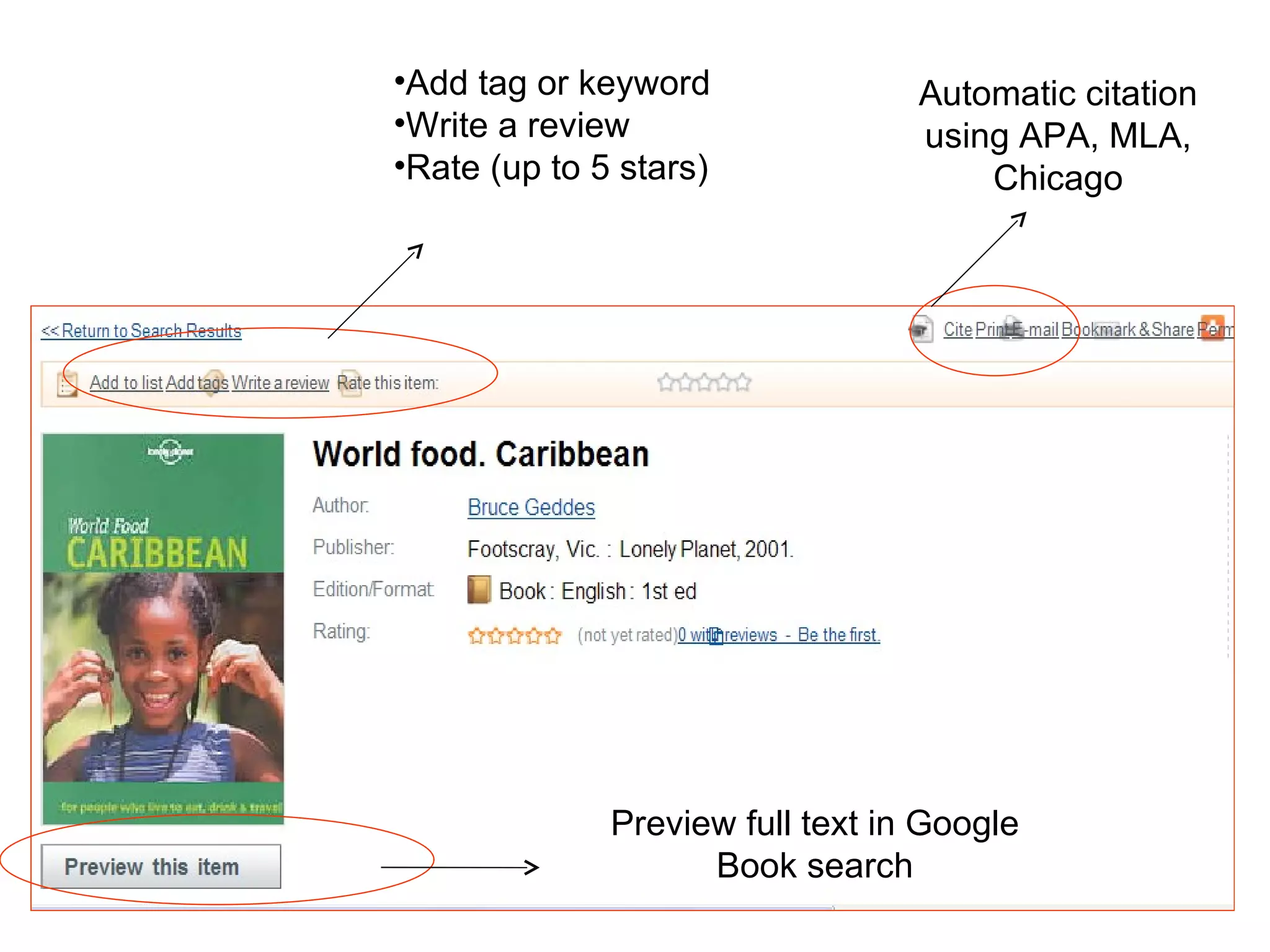 Add tag or keyword Write a review Rate (up to 5 stars) Automatic citation using APA, MLA, Chicago Preview full text in Google Book search 