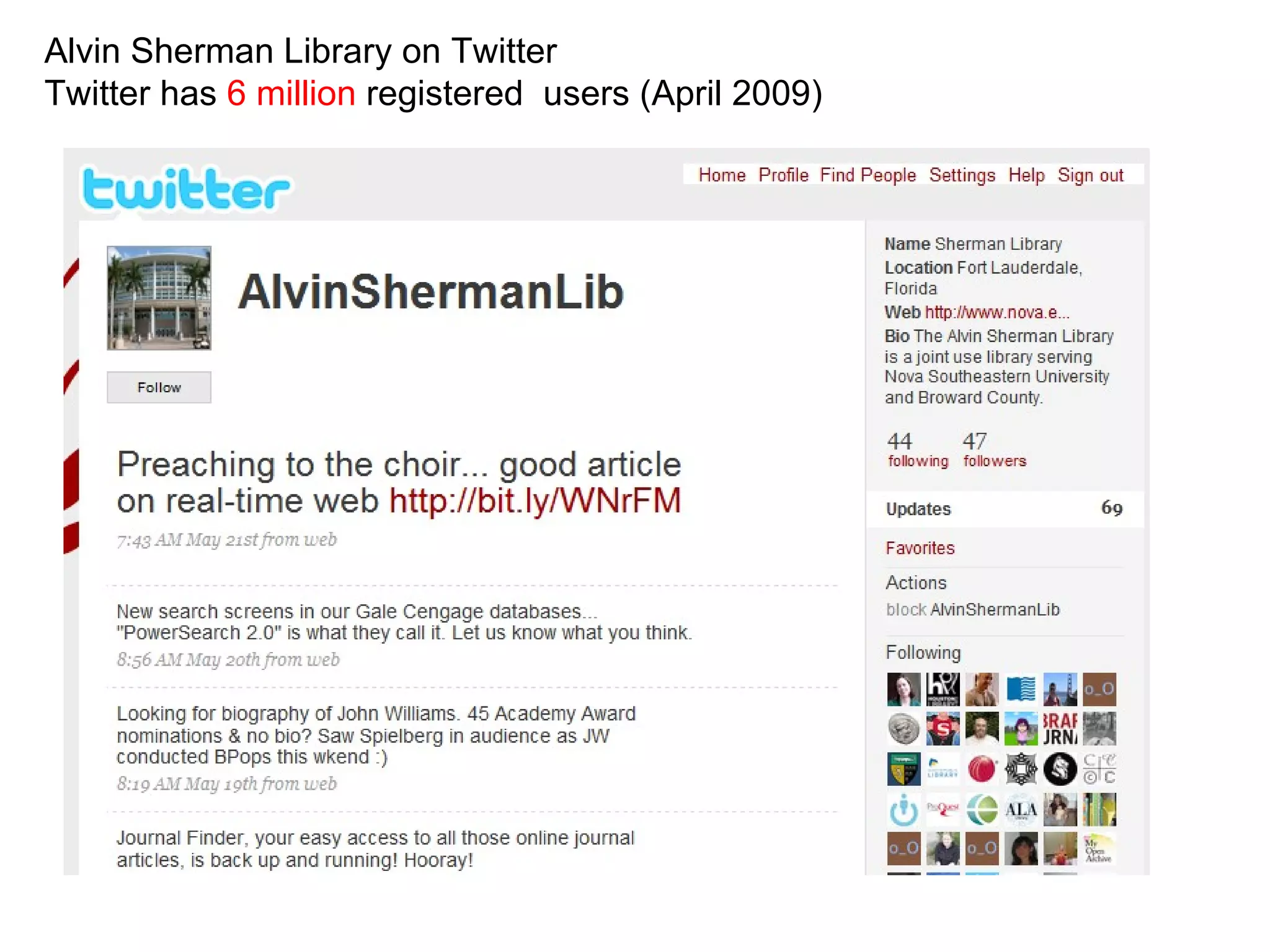 Alvin Sherman Library on Twitter Twitter has  6 million  registered  users (April 2009) 