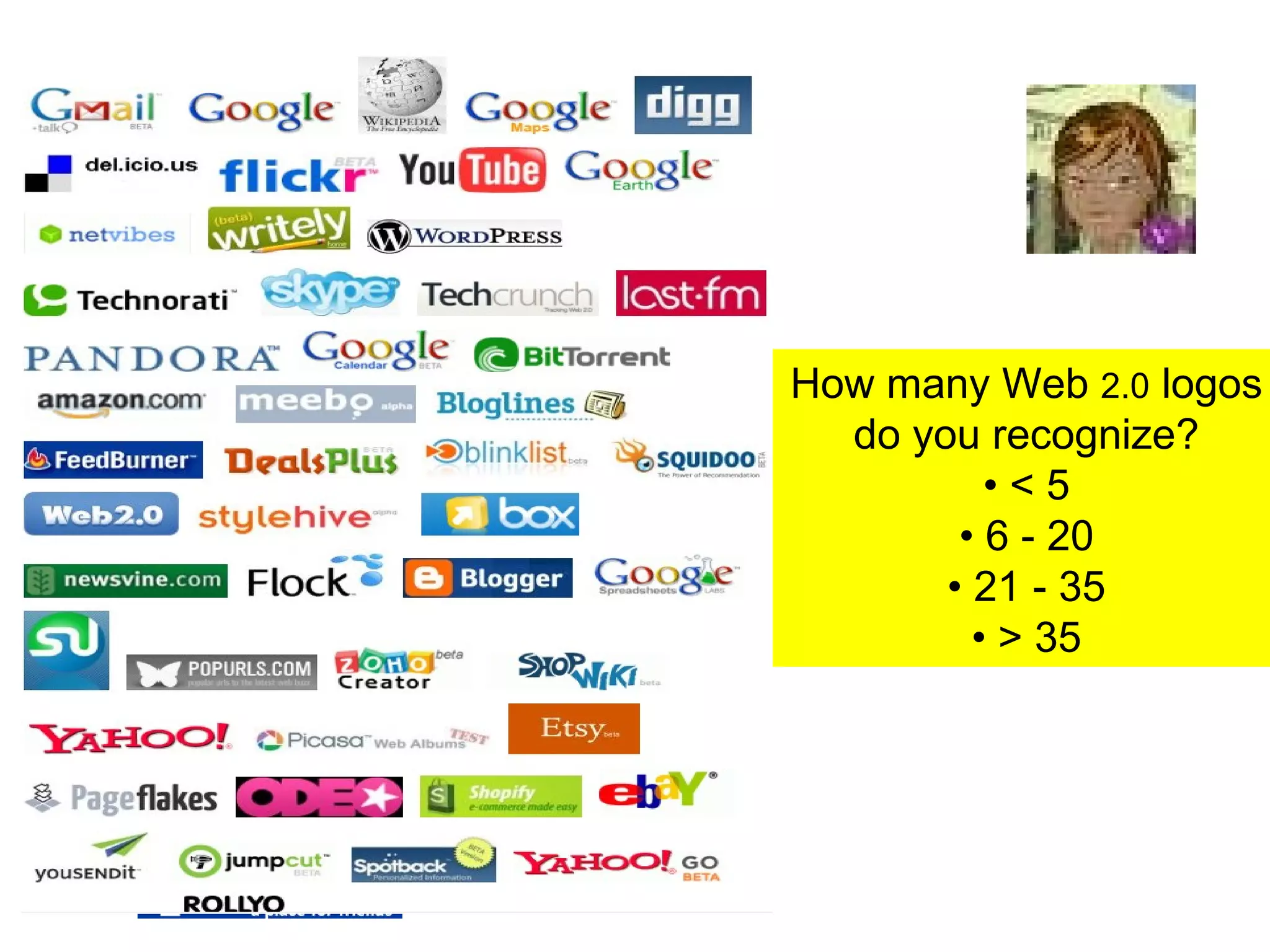 How many Web  2.0  logos do you recognize? •  < 5 •  6 - 20 •  21 - 35 •  > 35 