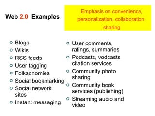 Web  2.0   Examples User comments, ratings, summaries Podcasts, vodcasts citation services Community photo sharing Community book services (publishing) Streaming audio and video Blogs Wikis RSS feeds User tagging Folksonomies Social bookmarking Social network sites Instant messaging Emphasis on convenience, personalization, collaboration  sharing 