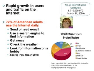 Rapid growth in users and traffic on the Internet 72% of American adults use the Internet daily. Send or read e-mail  Use a search engine to find information   Get news  Check the weather Look for information on a hobby Source  (Pew  Report 2009) No. of Internet users worldwide 6,710,029,070 (March 31, 2009) 