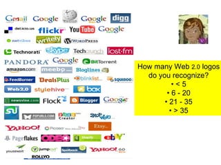 How many Web  2.0  logos do you recognize? •  < 5 •  6 - 20 •  21 - 35 •  > 35 