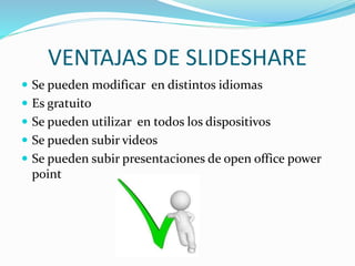 VENTAJAS DE SLIDESHARE
 Se pueden modificar en distintos idiomas
 Es gratuito
 Se pueden utilizar en todos los dispositivos
 Se pueden subir videos
 Se pueden subir presentaciones de open office power
point
 