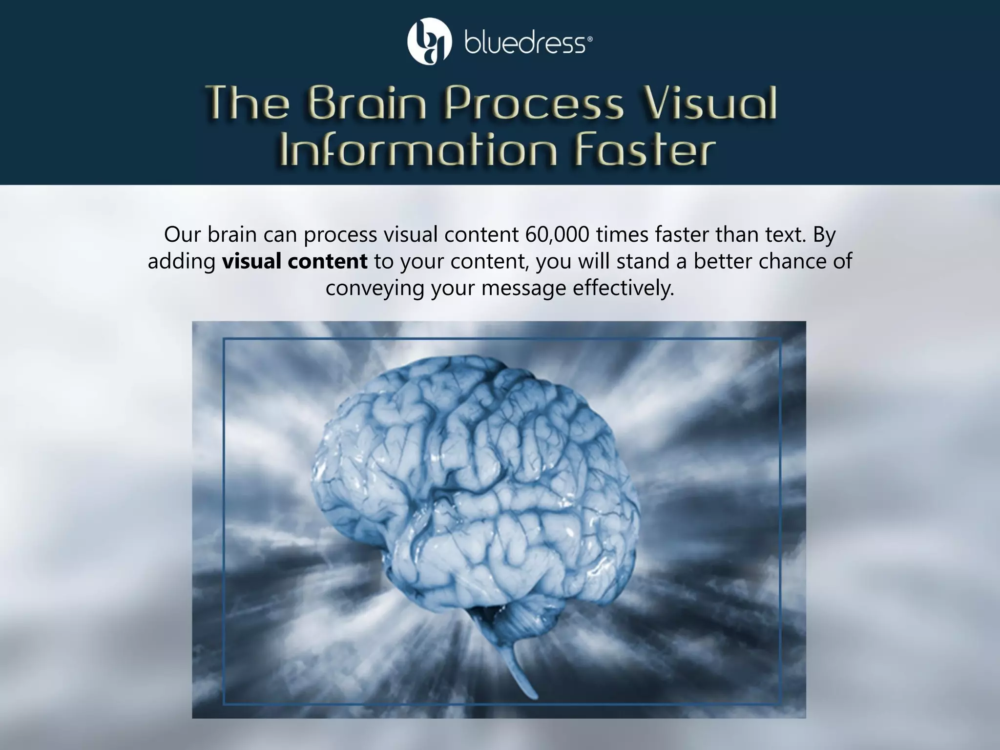 Our brain can process visual content 60,000 times faster than text. By
adding visual content to your content, you will stand a better chance of
conveying your message effectively.