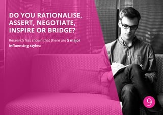 9
DO YOU RATIONALISE,
ASSERT, NEGOTIATE,
INSPIRE OR BRIDGE?
Research has shown that there are 5 major
influencing styles:
 