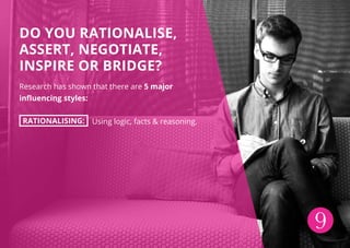 9
DO YOU RATIONALISE,
ASSERT, NEGOTIATE,
INSPIRE OR BRIDGE?
Research has shown that there are 5 major
influencing styles:
RATIONALISING: Using logic, facts & reasoning.
 