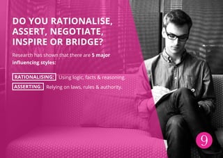 9
DO YOU RATIONALISE,
ASSERT, NEGOTIATE,
INSPIRE OR BRIDGE?
Research has shown that there are 5 major
influencing styles:
RATIONALISING: Using logic, facts & reasoning.
ASSERTING: Relying on laws, rules & authority.
 