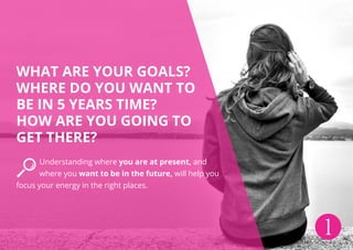 WHAT ARE YOUR GOALS?
WHERE DO YOU WANT TO
BE IN 5 YEARS TIME?
HOW ARE YOU GOING TO
GET THERE?
Understanding where you are at present, and
where you want to be in the future, will help you
focus your energy in the right places.
1
 