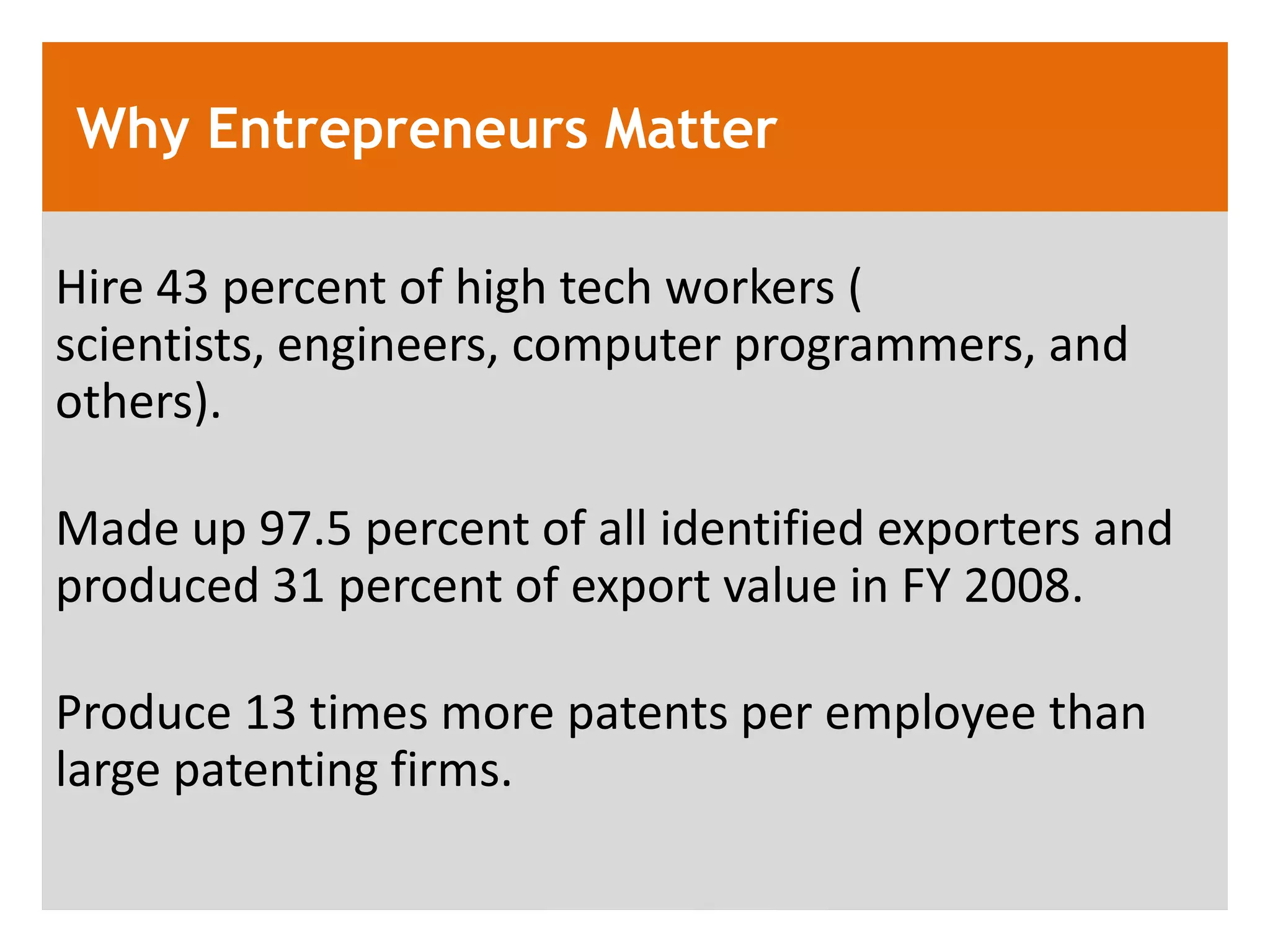 Why Entrepreneurs Matter

Hire 43 percent of high tech workers (
scientists, engineers, computer programmers, and
others).

Made up 97.5 percent of all identified exporters and
produced 31 percent of export value in FY 2008.

Produce 13 times more patents per employee than
large patenting firms.
 