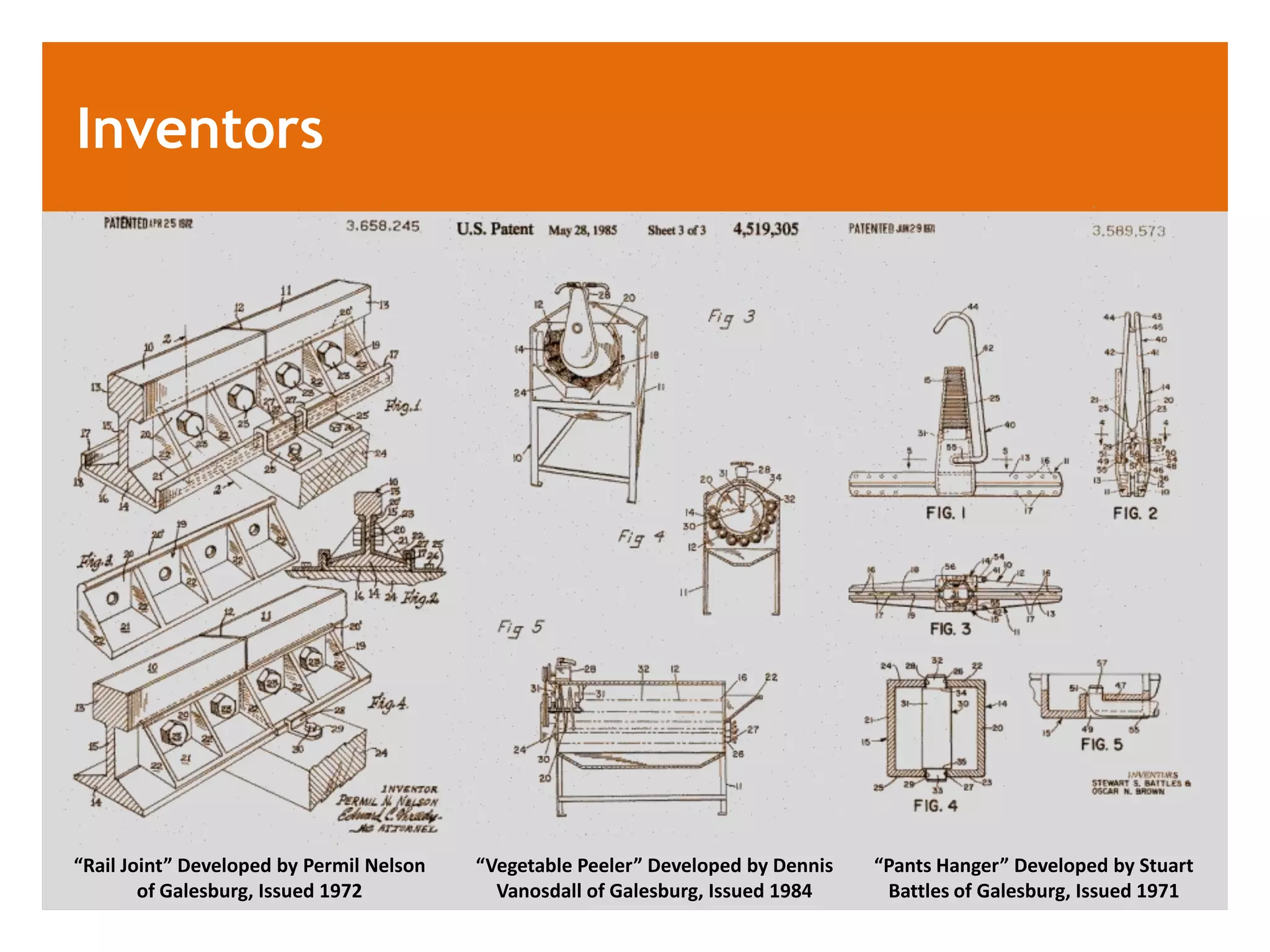 Inventors




&ldquo;Rail Joint&rdquo; Developed by Permil Nelson   &ldquo;Vegetable Peeler&rdquo; Developed by Dennis   &ldquo;Pants Hanger&rdquo; Developed by Stuart
        of Galesburg, Issued 1972           Vanosdall of Galesburg, Issued 1984     Battles of Galesburg, Issued 1971
 