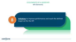 13 ELEMENTS OF A GOOD KPI
KPI Elements
Initiatives to improve performance and reach the defined
target set for the KPI8
 