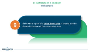13 ELEMENTS OF A GOOD KPI
KPI Elements
If the KPI is a part of a value driver tree, it should also be
shown in context of the value driver tree9
 