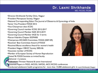 Dr. Laxmi Shrikhande
MD; FICOG ;FICMU
•Director-Shrikhande Fertility Clinic, Nagpur
•President Menopause Society, Nagpur
•National Corresponding Editor-The Journal of Obstetrics & Gynecology of India
•Senior Vice President FOGSI 2012
•Vice Chairperson elect ICOG
•Governing Council member ICOG 2012-2017
•Governing Council Member ISAR 2014-2019
•Governing Council Member IAGE for 3 terms
•Patron-Vidarbha Chapter ISOPARB
•Chairperson-HIV/AIDS Committee, FOGSI (2007-09)
•Received Best Committee Award of FOGSI
•Received Bharat excellence Award for women’s health
•President Nagpur OB/GY Society 2005-06
•Associate member of RCOG
•Member of European Society of Human Reproduction
•Visited 96 FOGSI Societies as invited faculty
•Delivered 3 orations
•Publications-Thirteen National & seven International
•Presented Papers in FIGO, AICOG, SAFOG, AICC-RCOG conferences
•Conducted adolescent health programme for more than 15,000 adolescent girls
 