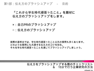 第1部：伝え方のブラッシュアップ －

目的

『これから学生時代頑張ったこと』を題材に
伝え方のブラッシュアップをします。
×：自己PRのブラッシュアップ

○：伝え方のブラッシュアップ

実際の選考会では、学生時代頑張ったこと以外の質問も多くありま
す。
どのような質問にも共通する伝え方のコツを知る。
それを学生時代頑張ったことを通じてブラッシュアップしましょう。

2014/1/27

伝え方をブラッシュアップする際のチェックリスト
＆ 15分で行う企業研究の方法
5
Jobweb Inc

 