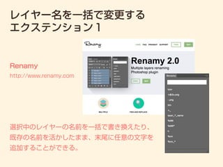 レイヤー名を一括で変更する
エクステンション１
選択中のレイヤーの名前を一括で書き換えたり、
既存の名前を活かしたまま、末尾に任意の文字を
追加することができる。
Renamy
http://www.renamy.com
 