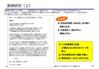 Copyright 2010 Terminus Ltd. All rights reserved.　　本セミナー資料の著作権はすべて、株式会社ターミナスに帰属します。 39
実例研究（２）
件名：　Re:「船橋市中山2丁目⼾建」銀⾏ローンの件他
●●様
このたびはご検討いただきありがとうございます。
ご質問にお答えいたします。
1)自転⾞は、道路から⾒て⽞関の右側に2台置いています。
盗られたり、近所の邪魔になったことは無いとのことです。
（北側道路沿いのお宅はみな同様にして置いています）
2)真ん中のお宅は、小6と4歳のお⼦様がいて道路で遊ぶこともある
そうです。北側道路沿いにはその他にも小さな⼦供がいるお宅があっ
て、⼦供好きな親御さんがいらっしゃるそうです。売主のお⼦様も小さ
い頃遊んでいて、今までに「近所迷惑」になったことは無いそうです。
3)インターネットは1〜3階の各階に電話線のコンセントがあり、利⽤
しています。現在ご主人が2階で、ご⼦息が3階でパソコン（インターネ
ット）を利⽤しています。プロバイダーはOCNを使っているそうです。
4)◆◆小学校へ⾏く裏道（表通りを歩かない）はあります（通学路の
交通標識有）。住宅街を通って約15分です。表通りで⾏く場合、ガ
ソリンスタンドのところで道が分かれて左へ⾏くと駅で、右へ⾏くと小学
校ですが、右方向の道は両側ともガードレールがあってきちんとした歩
道になっています。約11分です。低学年は⽗兄がガソリンスタンドの
信号の付近まで送って⾏き、その先は先生と集団登校するそうです。
　　　〜　中略　〜
以上、宜しくお願い申し上げます。
アーバンホーム・森村
お客様から物件について質問。　　　　1)自転⾞はどこにどう置けばよいか　　　　2)⼦供が家の前で遊んでも近所迷惑でないか
3)インターネット環境は　　　4)通学は交通に安全なように裏道で⾏かせたいが裏道はあるか　　　5)引渡し前にクリーニングなどはされるか
6)いま敷かれているカーペットが不要ならほしい
Good!!
■ お客様の質問、疑問をしっかり調べ、
　 真摯に対応
■ 箇条書きで、読みやすい、
　 理解しやすい
■ 「このお客様をこの後、
　　どう動かしたいのか」のイメージを
　　持つ。
■ それを実現させる“導線”を敷く。
■ 署名は全メールにしっかり入れる。
Copyright 2010 Terminus Ltd. All rights reserved.
本セミナー資料の著作権はすべて、株式会社ターミナスに帰属します。
 