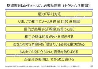 Copyright 2010 Terminus Ltd. All rights reserved.　　本セミナー資料の著作権はすべて、株式会社ターミナスに帰属します。 66
反響客を動かすメールに、必要な要素（セクション３復習）
極⼒「早く」対応
いま、この相手にメールを送る「目的」を意識
目的が実現する「導線」を作っておく
あなたの考えや意向を「聴きたい」姿勢を散りばめる
あなたの「役に⽴ちたい」姿勢を散りばめる
否定形の表現は、できるだけ避ける
相手の具体的なメリットを提示する
Copyright 2010 Terminus Ltd. All rights reserved.
本セミナー資料の著作権はすべて、株式会社ターミナスに帰属します。
 