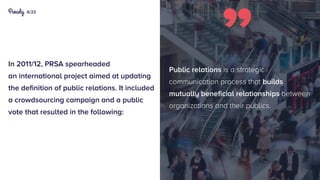 6/23
In 2011/12, PRSA spearheaded
an international project aimed at updating
the definition of public relations. It included
a crowdsourcing campaign and a public
vote that resulted in the following:
Public relations is a strategic
communication process that builds
mutually beneficial relationships between
organizations and their publics.
 