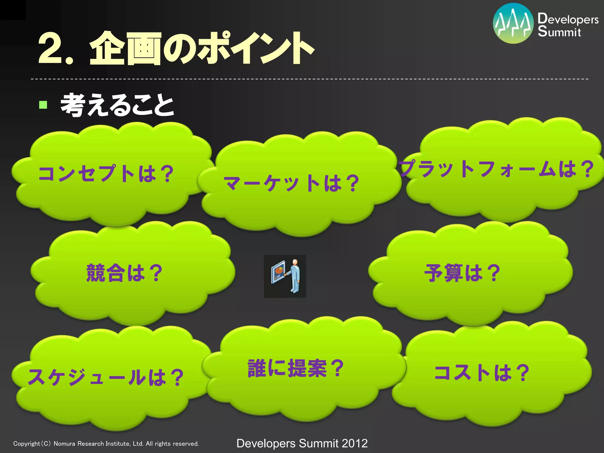 ２．企画のポイント
         考えること

        コンセプトは？                                                                              プラットフォームは？
                                                                    マーケットは？



                         競合は？                                                                 予算は？




    スケジュールは？                                                         誰に提案？                    コストは？


Copyright（C） Nomura Research Institute, Ltd. All rights reserved.   Developers Summit 2012
 