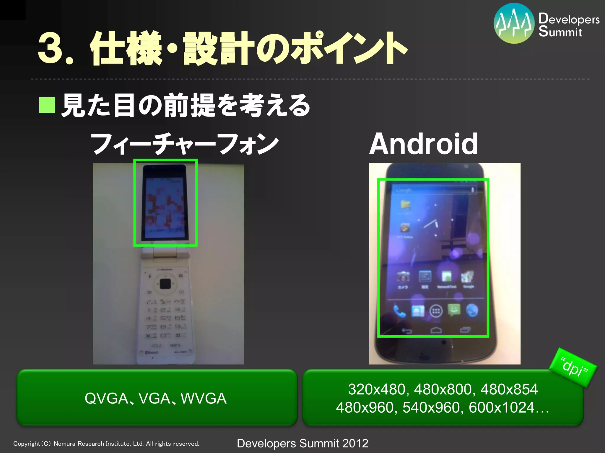 ３．仕様・設計のポイント
        見た目の前提を考える
          フィーチャーフォン                                                                          Ａｎｄｒｏｉｄ




                                                                                     320x480, 480x800, 480x854
                        QVGA、VGA、WVGA
                                                                                    480x960, 540x960, 600x1024…

Copyright（C） Nomura Research Institute, Ltd. All rights reserved.   Developers Summit 2012
 