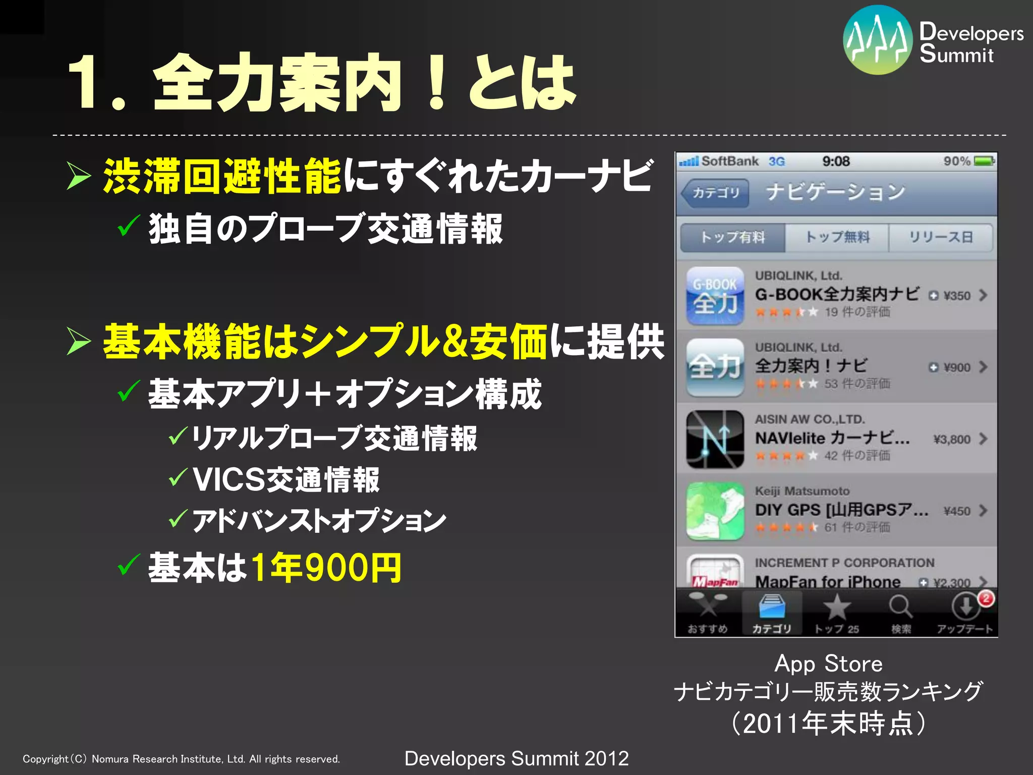 １．全力案内！とは
         渋滞回避性能にすぐれたカーナビ
                   独自のプローブ交通情報


         基本機能はシンプル&安価に提供
                   基本アプリ＋オプション構成
                              リアルプローブ交通情報
                              ＶＩＣＳ交通情報
                              アドバンストオプション
                   基本は1年900円

                                                                                                 App Store
                                                                                             ナビカテゴリー販売数ランキング
                                                                                               （2011年末時点）
Copyright（C） Nomura Research Institute, Ltd. All rights reserved.   Developers Summit 2012
 