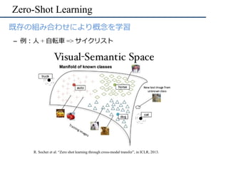 Zero-Shot Learning
•  既存の組み合わせにより概念を学習
–  例：⼈ + ⾃転⾞ => サイクリスト
R. Socher et al. “Zero shot learning through cross-modal tra...